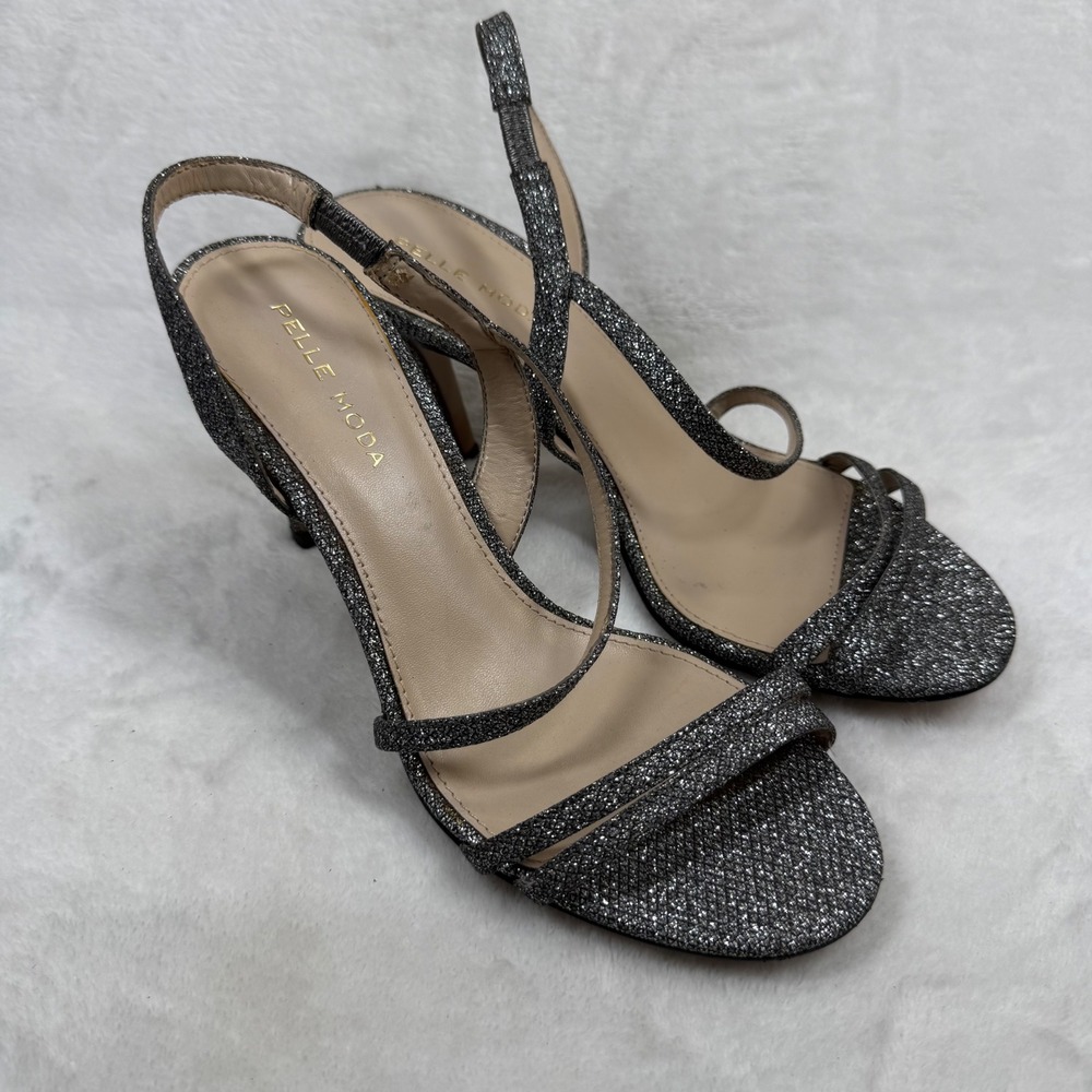 Pelle Moda‎ Womens Gunmetal Glitter Slingback Stiletto Sandals Size 7M Metallic